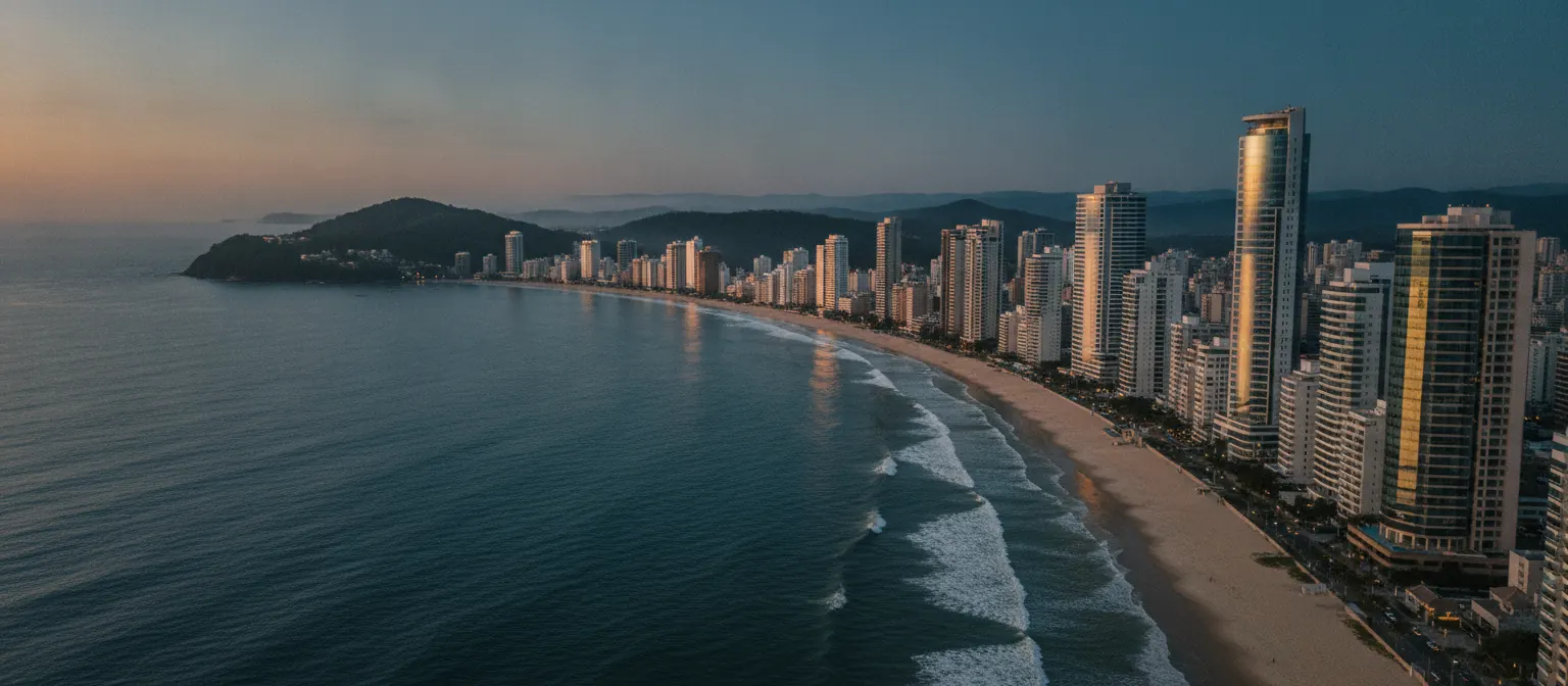 Vista aérea ao entardecer das torres à beira mar no Litoral Norte de Santa Catarina